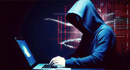 Wall Mural - Hacker with hoodie. Concept of dark web, cybercrime, cyberattack. AI generated image