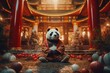 Kung Fu panda sits on traditional Chinese temple background, concept of Zen and meditation.