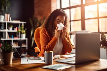 Young sick businesswoman sneezing in a tissue while working in the office.