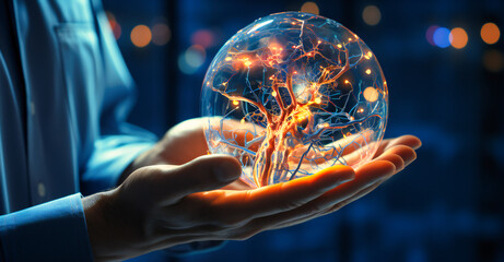 doctor with a brain inside his hand on a blue background
