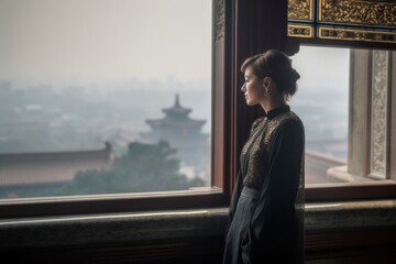 Wall Mural - Photography in the style of pensive portraiture of a tender mature woman wearing a glamorous sequin top at the mausoleum of the first qin emperor in xian china. With generative AI technology