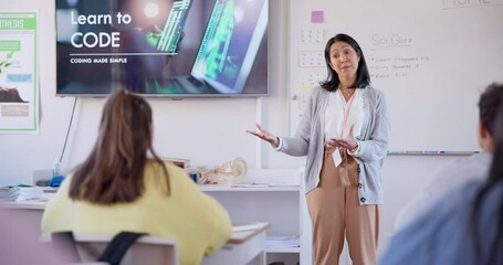 Aufkleber - Teacher, presentation and code education in classroom, learning and information technology or software design lecture. Professor, people and students for IT development, school computer and screen
