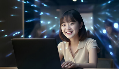 In a dimly lit room with a captivating blue laser web effect, a young technologist woman sits indoors, engrossed in her laptop and wearing a casual smile. Created using Generative AI.