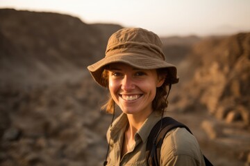 Poster - Medium shot portrait photography of a blissful girl in her 30s wearing a casual baseball cap at the gates of hell in danakil depression ethiopia. With generative AI technology