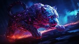 A neon blue space cheetah sprinting across a neon purple planet, leaving a trail of neon streaks behind