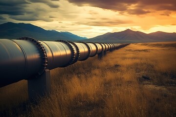 Oil pipeline running through a field towards a mountain in the distance.