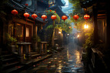 Fototapeta Fototapeta uliczki - Old chinese town with narrow streets in a rainy day
