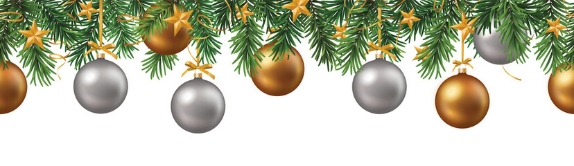 Wall Mural - christmas decorative seamless border with green branches, colorful shiny baubles and ribbons on tran