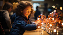 Adorable Little Girl Sitting At A Table And Playing With Light Bulbs At Science Exhibit Center.