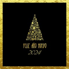 Sticker - Golden and black squared wish card new year 2024 written in Spanish with a golden christmas tree with balls and snowflakes