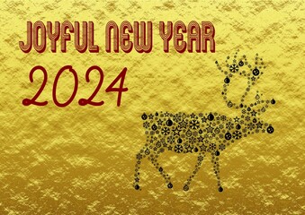 Sticker - Golden wish card new year 2024 written in English in red font with a black reindeer with balls and stars