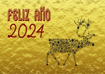 Sticker - Golden wish card new year 2024 written in Spanish in red font with a black reindeer with balls and stars