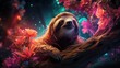 A neon pink space sloth hanging from a neon green space tree, gazing at a neon orange supernova