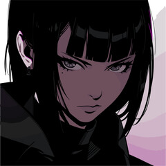 Poster - Dark-haired cool gothic anime woman with short haircut in neon colors. Manga comics style vector illustration.