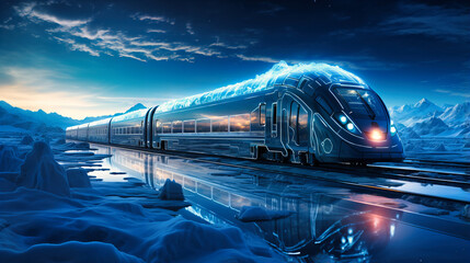 A polar express train equipped with advanced heating tech, offering luxurious expeditions to the Arctic with zero environmental harm