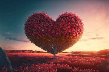 Heart Tree, Love For Nature - Red Landscape at Sunset (ai generated)