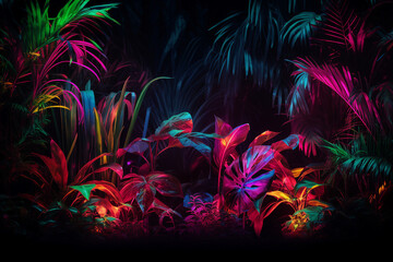 Poster - generative ai collage image picture of mystical magic exotic forest with shiny neon illumination
