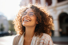 Happy Excited Funny Beautiful Woman Laughing Under Sun Light Overjoyed Generative IA Picture