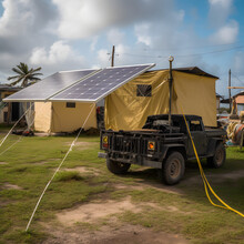 Utilize Portable Solar Panels To Provide Essential Power During Disaster Relief Efforts, Immediate Energy Sources For Medical Facilities, Communication Centers, Emergency Shelters. AI Generated