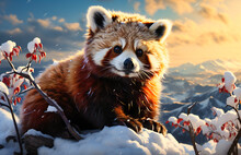 An Adorable Red Panda Sitting On Snow