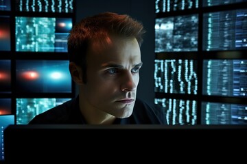 Portrait of a young man in front of a computer monitor.