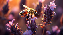A Bee Flying Over A Bunch Of Purple Flowers In A Field Of Lavenders At Sunset Or Dawn With A Yellow Sky. Generative AI