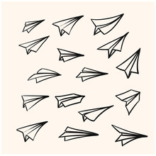 Vector Paper Airplane. Travel, Route Symbol. Set Of Hand Drawn Paper Airplane Vector Illustrations. Isolated. Outline. Hand Drawn Doodle Airplane. Black Linear Paper Airplane Icon.