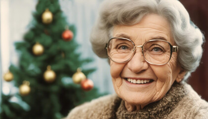 Wall Mural - Elderly lady with christmas tree and copy space