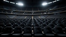 Seats Of Black Tribune On Sport Stadium. Empty Outdoor Arena. Concept Of Fans. Chairs For Audience. Cultural Environment Concept. Color And Symmetry. Empty Seats. Modern Stadium