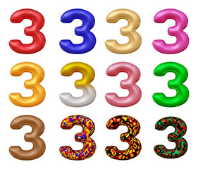 Poster - Set of number 3 in 3d rendering isolated on transparent background for math, business and education concept