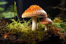 Close-up Of Two Mushrooms Growing On Log In Forest