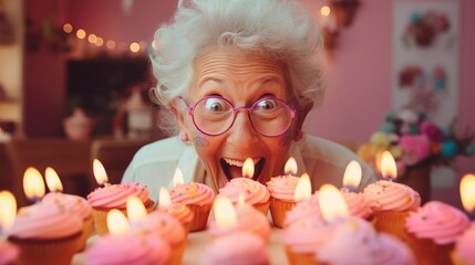 Wall Mural - Elderly woman with joyful crazy look ready to blow out the candles on her birthday cake celebration. 