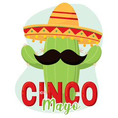 Wall Mural - Isolated cactus with mexican hat and mustache Cinco de mayo Vector