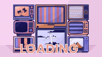 Poster - Vintage tv stack line 2D loading animation. Old television set with static screens animated cartoon linear objects 4K video loader motion graphic. Retro tv pile, worldwide travel download process gif