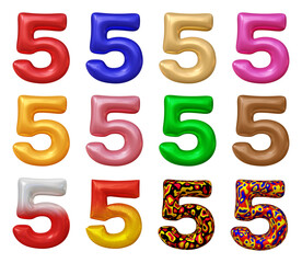 Poster - Set of number 5 in 3d rendering isolated on transparent background for math, business and education concept