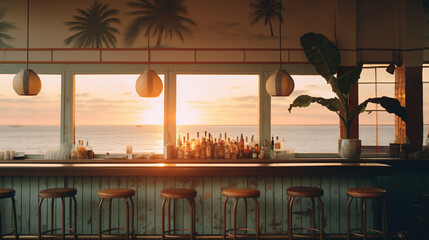 Wall Mural - Generative AI, summer sunset beach bar background. Outdoor restaurant, Led light candles and wooden tables, chairs under beautiful sunset sky, sea view.	