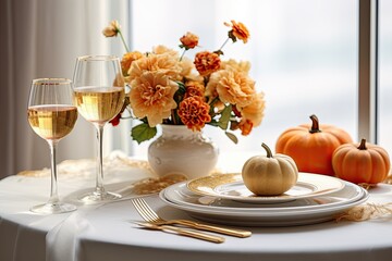 Wall Mural - Autumn Thanksgiving day table setting in cozy white home or cafe. Close up. Generative AI.