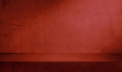 dark red studio backdrop. dramatic, modulations. minimal abstract red concrete background with light for product presentation. shadow and light from windows on red rustic plaster wall.