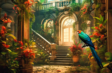 Wall Mural - a bird and plants in an exotic looking hallway