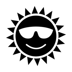 Poster - Black silhouette of smiling sun in sunglasses isolated on white. Heat, summer weather cartoon illustration. Summer, beach holidays concept. Simple black and white vector