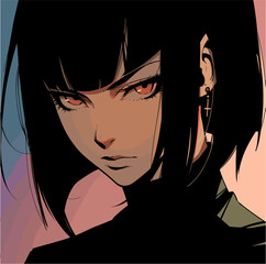 Poster - Dark-haired cool gothic anime woman with short haircut in neon colors. Manga comics style vector illustration.