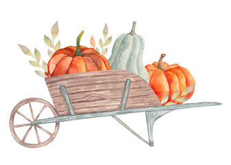 Wooden cart with pumpkins and leaves.Autumn composition.Decoration of seasonal holidays and Thanksgiving. Harvest concept.Watercolor illustration.Hand drawn isolated art.