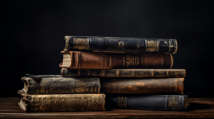 Vintage, antiquarian books pile on wooden surface in warm directional light. Selective focus.