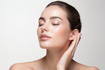 beautiful woman with clear and fresh skin is touching her face against a white background, indicatin