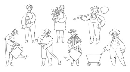  Gardeners. Different people who love gardening. Garden hobby. Vector outline illustration