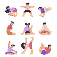 Wall Mural - Children Doing Yoga Exercise Standing in Asana Vector Set