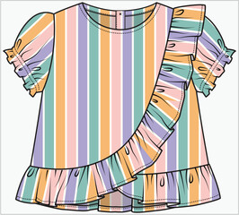 Poster - COLORFUL STRIPE WOVEN TOP WITH ASYMMETRIC FRILL DETAIL DESIGNED FOR INFANT GIRL TODDLER GIRL AND BABY GIRLS IN VECTOR ILLUSTRATION