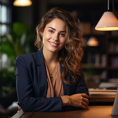 Business portrait of pretty woman in suit, smiling and sitting in the office at the table desk in dark interior