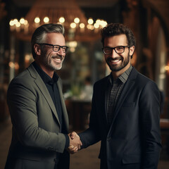 Wall Mural - Business portrait of two happy laughing men in suits, work team, smiling and standing in the office after meeting 