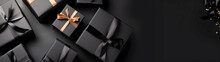 Black Gift Boxes Arranged On Dark Background, Black Friday Discounts Concept